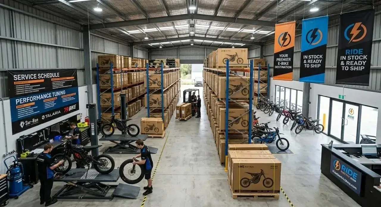 Ride Electric Shop technicians inspecting and tuning Sur-Ron electric bikes before shipment
