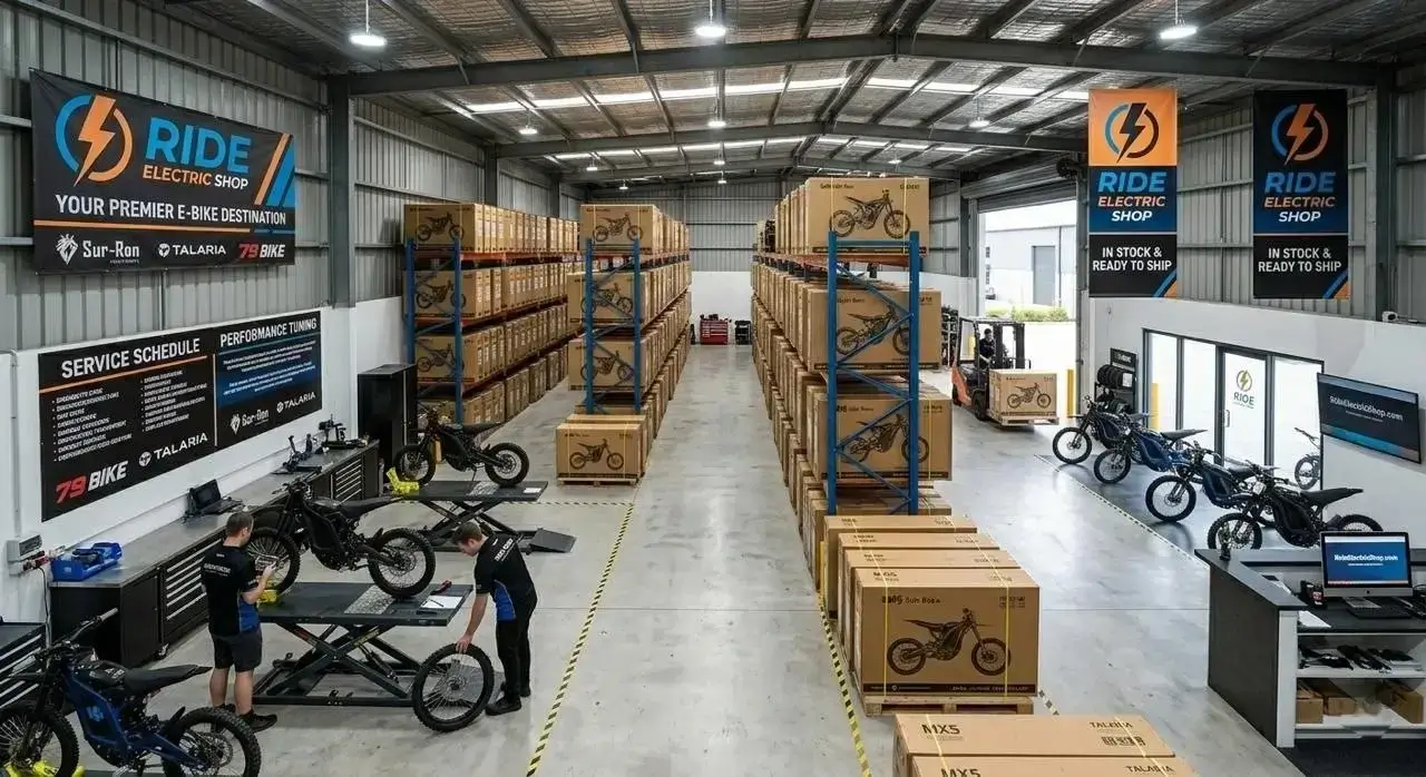 Ride Electric Shop warehouse interior with Sur-Ron Talaria and 79 Bike stock ready to ship