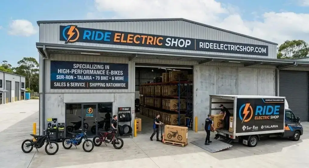 Ride Electric Shop warehouse exterior with Sur-Ron and Talaria delivery truck California